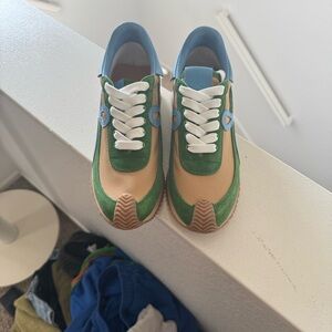 Green and Tan Sneakers with Blue Accents